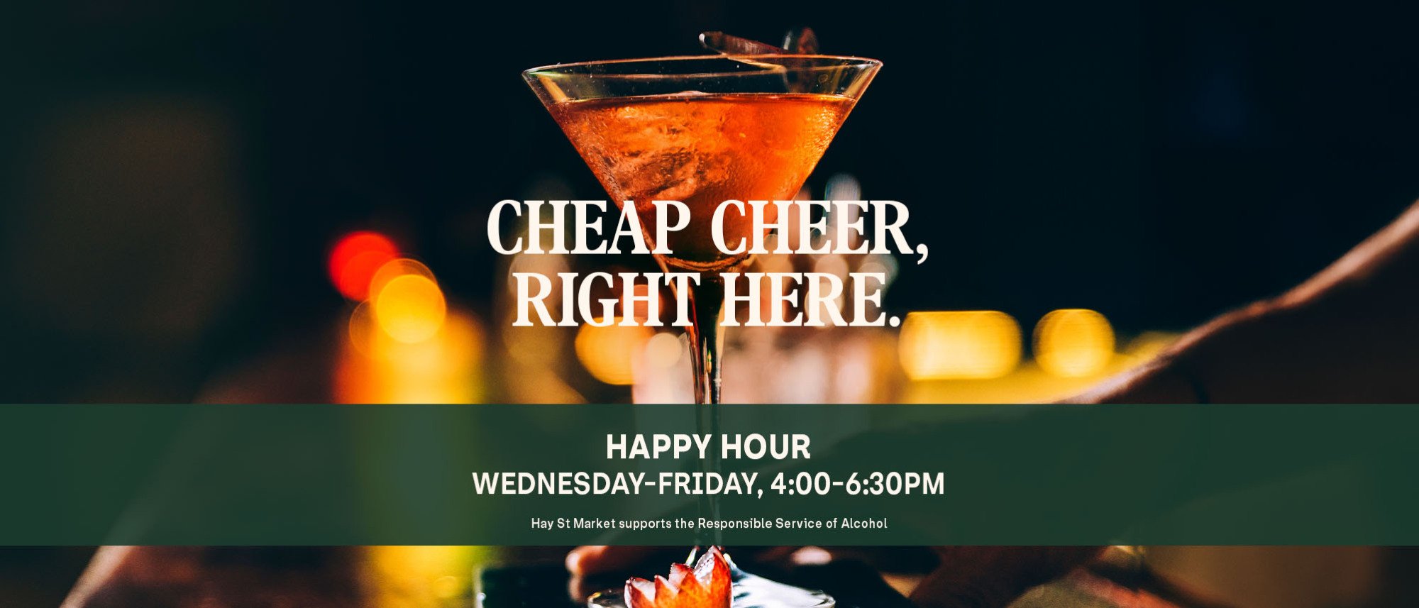 Happy Hour! Booze, Bites & Big Vibes! Cocktails being poured at Traders Bar.